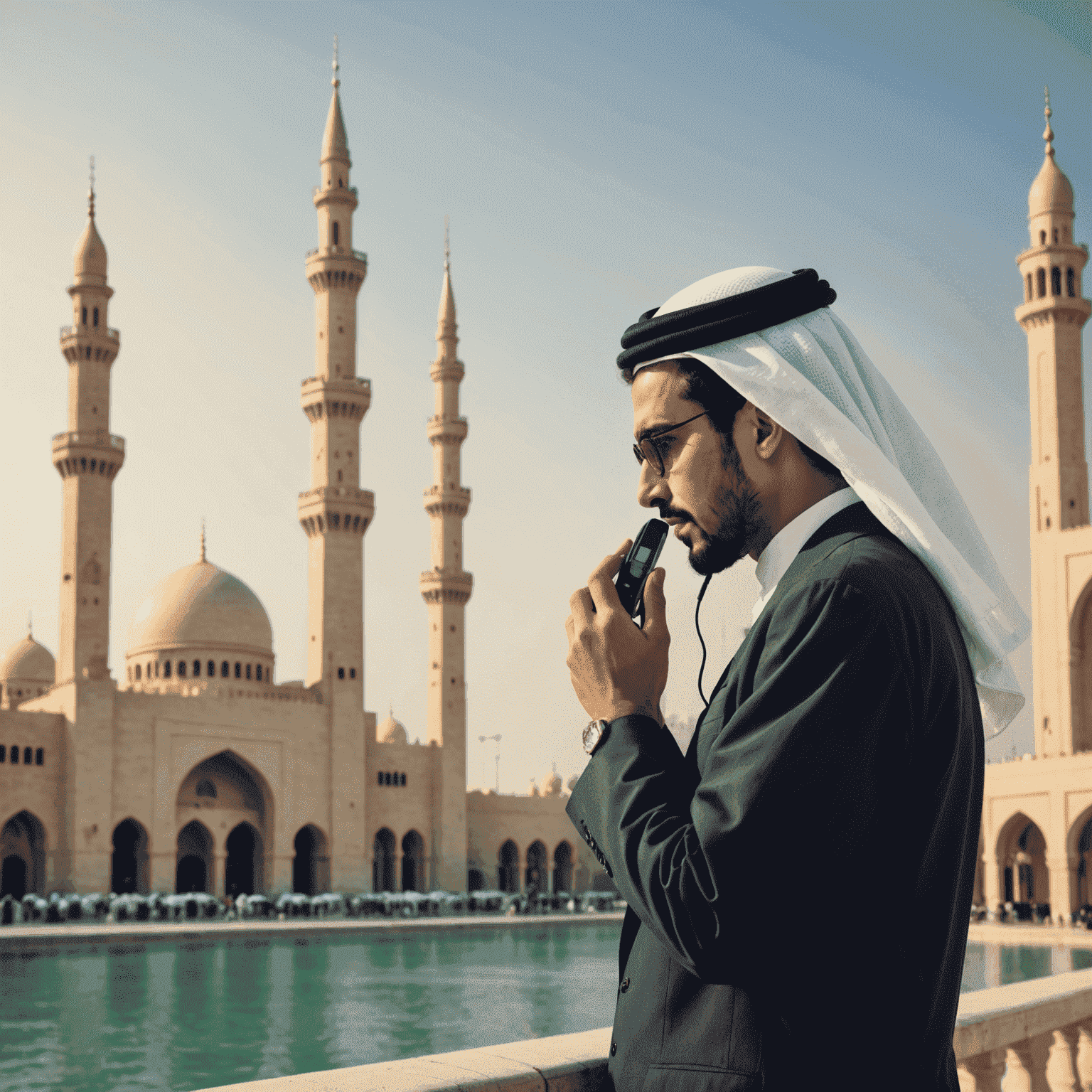 صورة توضيحية لشخص يستخدم هاتفه المحمول للاتصال، مع خلفية تظهر معالم البحرين الشهيرة مثل برج الساعة ومسجد الفاتح