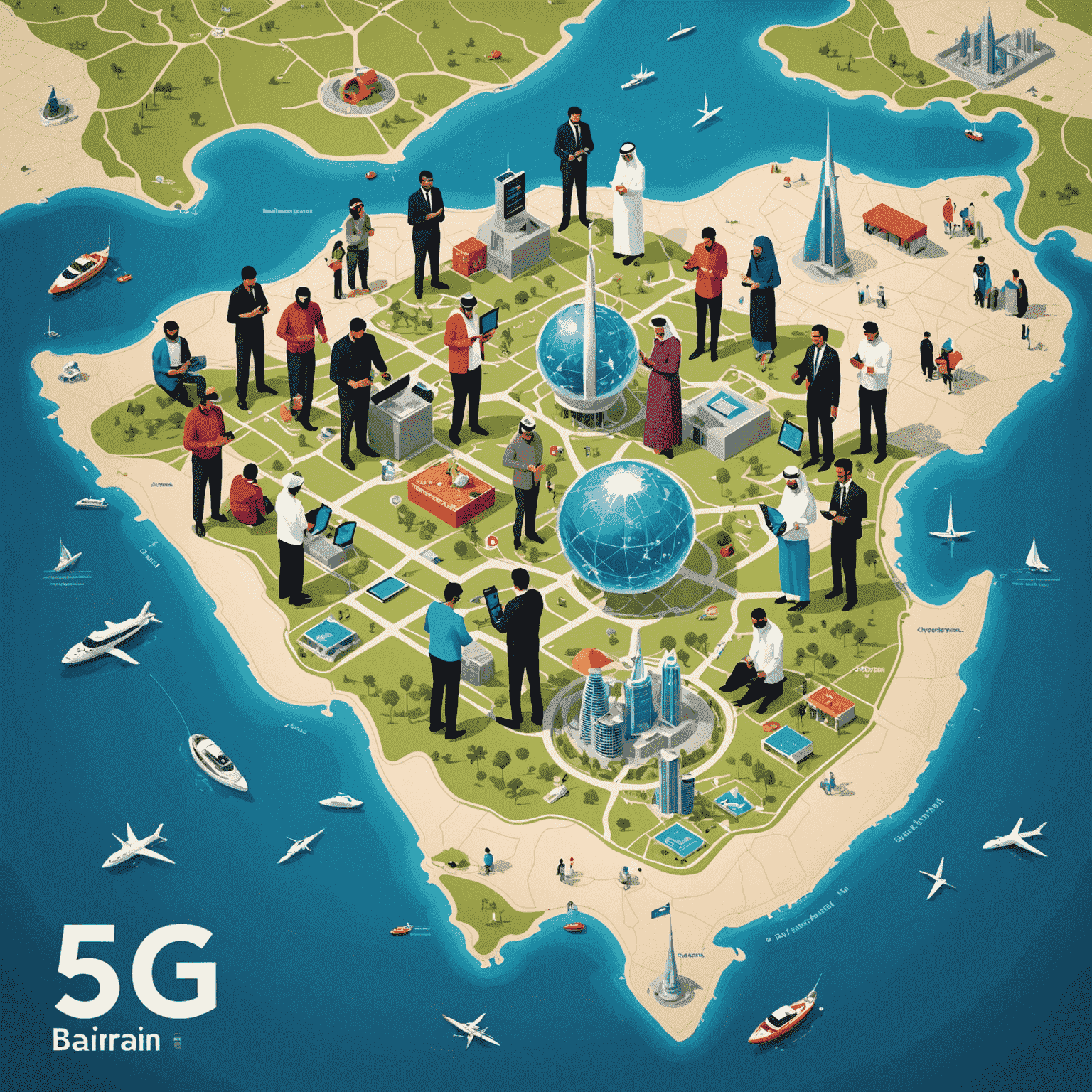 صورة توضيحية لشبكة الجيل الخامس 5G تغطي خريطة البحرين، مع أشخاص يستخدمون أجهزتهم المحمولة بسعادة في مختلف أنحاء المملكة