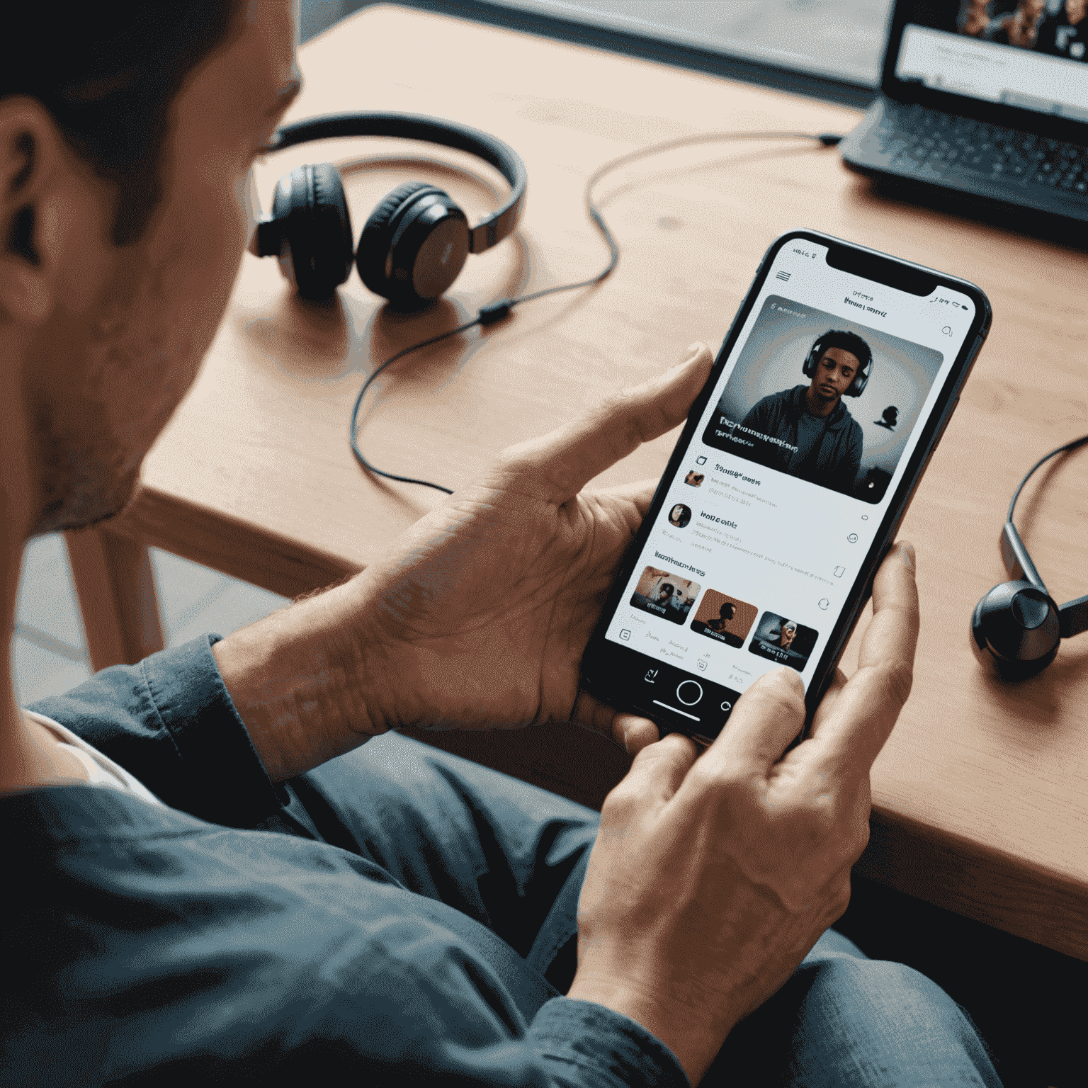 صورة لشخص يستخدم تطبيق الموسيقى على هاتفه المحمول، مع سماعات أذن وقائمة تشغيل مرئية على الشاشة