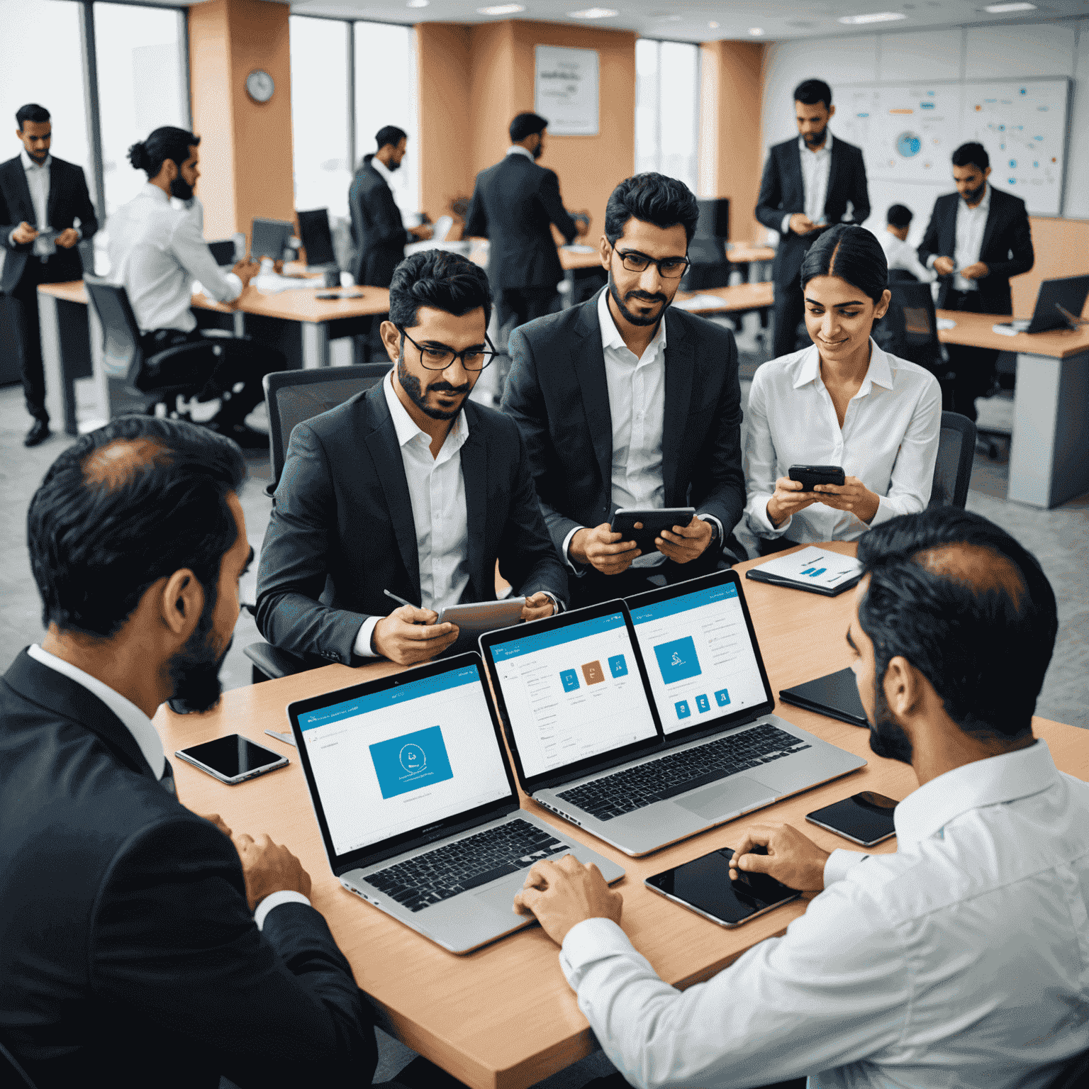 صورة توضيحية لحلول اتصالات متنقلة مخصصة للشركات في البحرين، تظهر موظفين يستخدمون أجهزة متنوعة في بيئة عمل حديثة