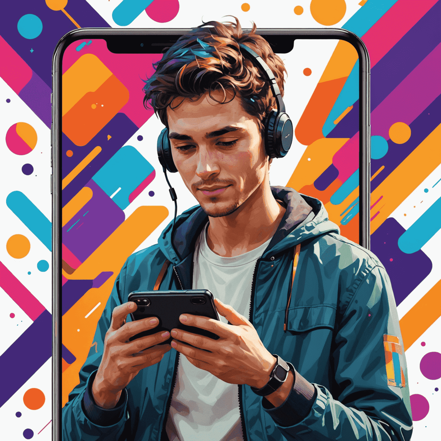 صورة لشخص يلعب لعبة على هاتفه المحمول، مع رسومات ملونة وحيوية للعبة